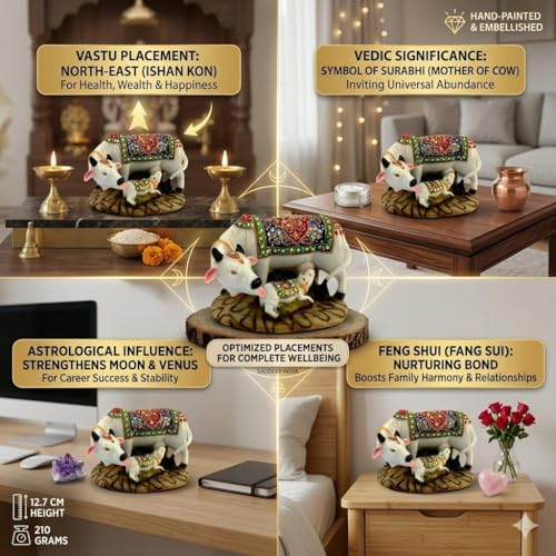 Image of SAUDEEP INDIA Decorative Resin Cow and Calf Idol for Home Decor & Vastu | Auspicious Kamdhenu Cow Showpiece with Rakhi for Brother | Raksha Bandhan Gift for Bhai | Spiritual Decorative Figurine