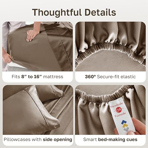 Image of California King Sheets Set - Soft 400 Thread Count Sateen, Natural 100% Cotton California King Sheet Sets Cotton, Deep Pockets, All Around Elastic, Durable Bedding - Mocha