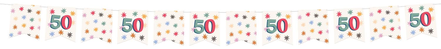 Folat 26883 Decoration White with Colourful Star Flag Banner 50-Starburst 6 Metres Happy and Colourful for Children and Adults Birthday, Multicoloured