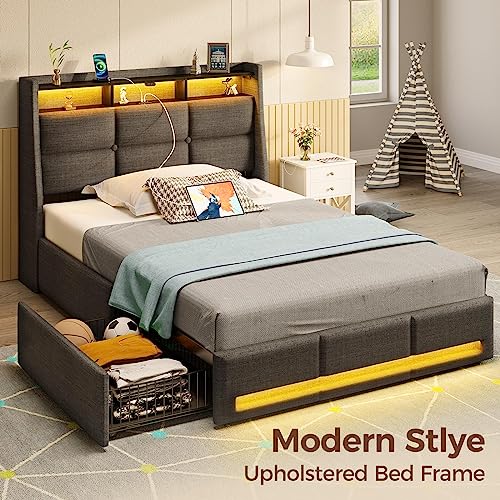 Rolanstar Twin Bed Frame With 4 Storage Drawers, Charging Station And Led Lights, Upholstered Platform Bed Storage Headboard, Heavy Duty Wooden Slats, No Box Spring Needed, Noise Free, Easy Assembly #TOP4