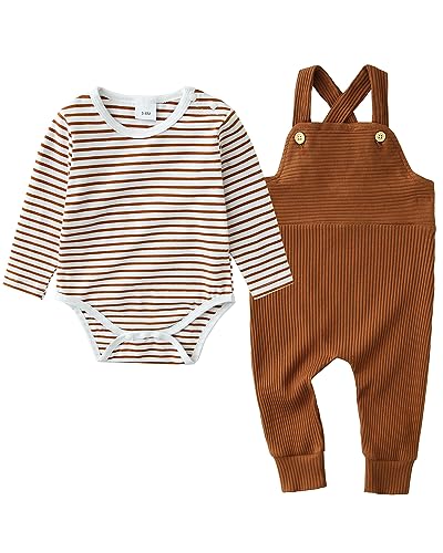 Image of DISAUR Newborn Baby Boy Clothes, Infant Boy Bodysuit Outfits Long Sleeve Romper + Bib Overall Pants Fall Newborn Boy Clothes