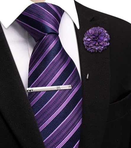 Image of Hi-Tie 63 inches Striped Paisley Extra Long Ties for Men Silk Necktie with Lapel Pin Tie Clip Big and Tall Men Formal Wedding