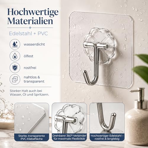 EOSWRU Klebehaken Transparent, 30 Stück Klebehaken Extra Stark, Selbstklebend Haken ohne Bohren, bis zu 10 kg, wasserdicht & ölfest… – Ansicht 2