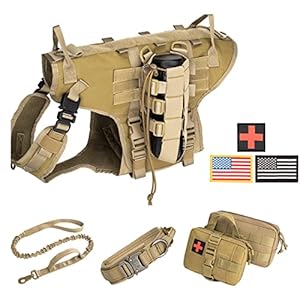 Tactical Dog Vest Harness and Training Dog Collar with Bungee Dog Leash Set No Pull Military Dog Harness with 2 Detachable and 1 Water Bottle Pouches for Outdoor Training Service, Coyote Brown L