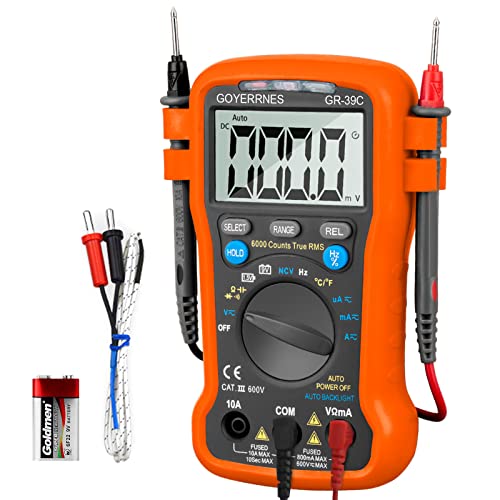 Mini Digital Multimeter TRMS 6000 Counts AC DC Amp Meter, GR-39C Non-Contact Voltage Tester Automatic Measuring DC/AC Voltage, Current, Resistance, Capacity, Continuity Buzzer
