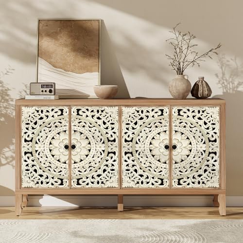 Furnivado Buffet Cabinet with Storage, Accent Cabinet with 4 Carved Doors, Solid Wood Sideboard with Adjustable Shelf, Vintage Cabinets for Kitchen, Living Room, Entryway, White&Natural