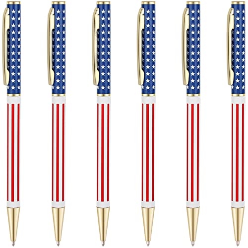 Unibene Slim Metal Retractable Ballpoint Pens Bulk of 6 Count, Gold Patriotic American Flag for...