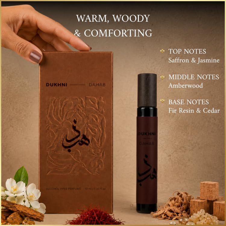 Dukhni Dahab 10 ml Non-Alcoholic Perfume Spray | Luxurious long lasting travel-friendly cologne | Opulent oriental floral woody scent for men & women | Eau de parfum