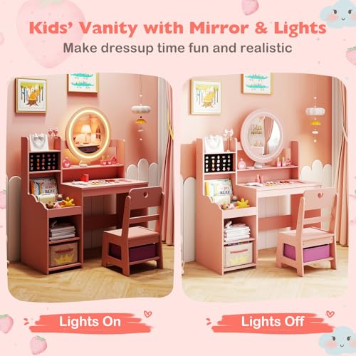 Image of HONEY JOY Kids Vanity with Lights, Wooden Princess Makeup Dressing Vanity Desk with Jewelry Storage, Open Shelves, 2 in 1 Toddler Vanity Table & Chair Set with Lighted Mirror for Little Girls(Pink)