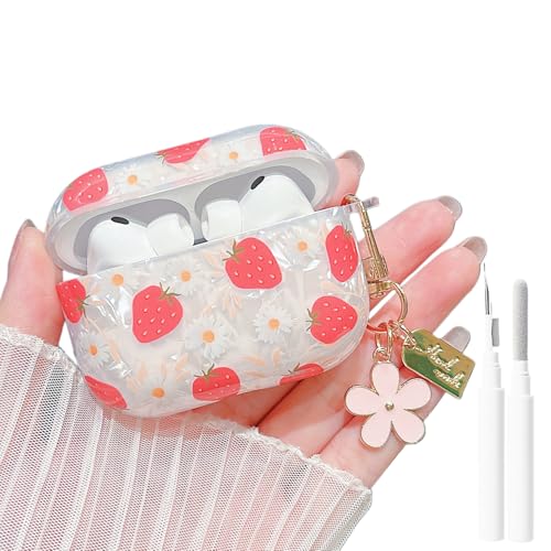 Image of MINSCOSE for Cute Glitter AirPods Pro 3 Case,Shell Pattern Girly Strawberry Design with Trendy Floral Keychain,Soft TPU Protective Cover with Cleaner Kit for Girls Women for AirPods Pro 3-Red