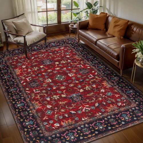 Image of Tangsoo Oriental 4x6 Washable Area Rug for Living Room, Non Slip Rug Red
