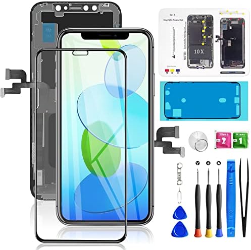 for iPhone X Screen Replacement 5.8 inch, Mobkitfp Front LCD Digitizer Display for iPhone 10/X with 3D Touch & Face ID for A1865,A1901,A1902 with Waterproof Adhesive+Tempered Glass+Repair Tools