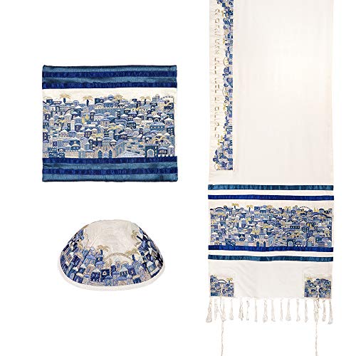 Yair Emanuel Premium Tallit Silk Embroidered Jerusalem Vista | Blue and White Tallis Prayer Shawl2