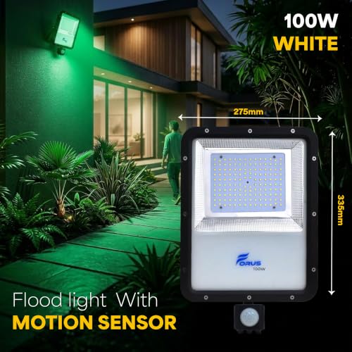 Image of Forus 100W LED Flood Light Green with Motion Sensor Auto On Off Day Night Mode Waterproof Outdoor Security Light for Garden Parking Garage Factory Warehouse High Bright Floodlight 4Yr Warranty-1Pc