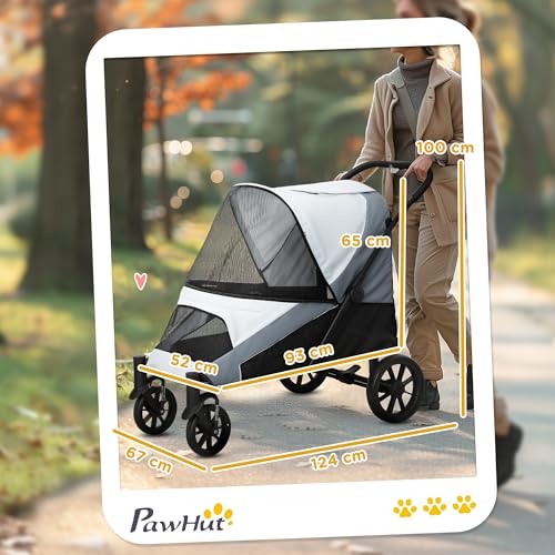 PawHut Hundewagen Hundebuggy klappbar für große Hunde & Katzen bis 30 kg Katzenbuggy mit Kissen Netzfenstern Türen Aufbewahrungstasche Katzenwagen Buggy Grau