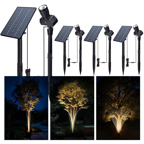 Varmtalys Outdoor Solar Spotlight, Adjustable Angle Landscape Spotlight Waterproof, 2500mAh All Night Separate Panel LED Uplight Dusk to Dawn, 5 Lighting Modes for Outside Patio Wall Path House 4 Pack