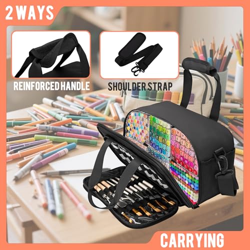 Image of Marker Organizer Case with Shoulder Strap for 180-300 Markers, Large Marker Organizer Bag with Detachable Divider for Adults, Marker Travel Holder Case Bag for Various Markers, Black