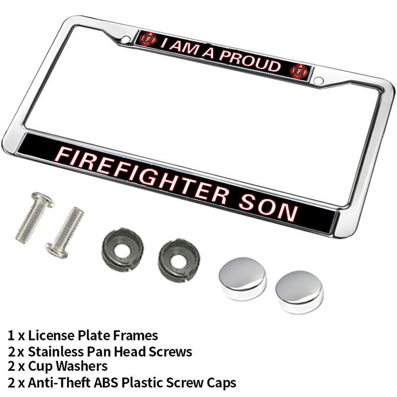 Image of Proud Firefighter Son License Plate Frame - First Responder Family Car Accessory