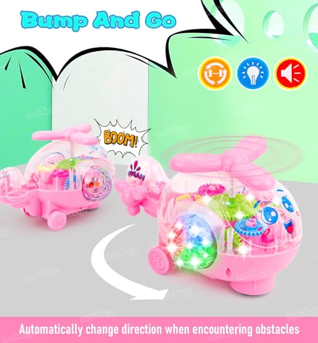 Image of Zest 4 Toyz Musical Toy Helicopter Toys for Kids with Flashing 3D Lights | Bump and Go | Battery Operated Electric Toy | Colorful Lights Transparent Gear Helicopter for Boys & Girls Age 3+ - Pink
