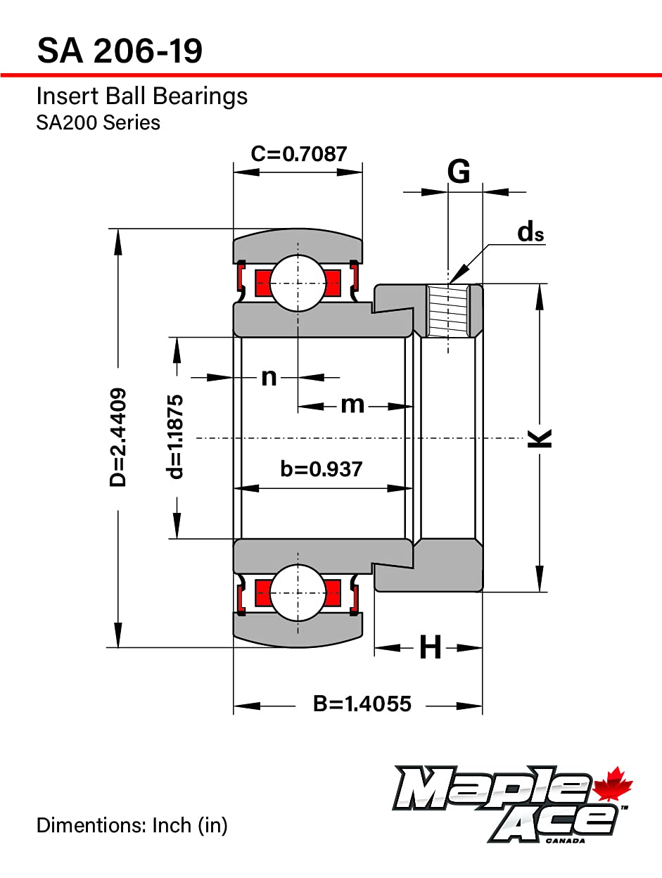 MAPLE ACE SA206-19 Insert Bearing 1-3/16" Bore, Spherical OD with Eccentric Locking Collar and Lubrication Hole