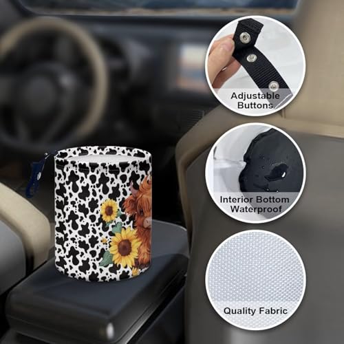 Image of Renewold Car Trash Can with Highland Cow Sunflower Print, Waterproof Car Garbage Can with Button Straps, Foldable Trash Bag Bin, Multipurpose Storage Box for Trip Camping Beach, Birthday Festival Gift
