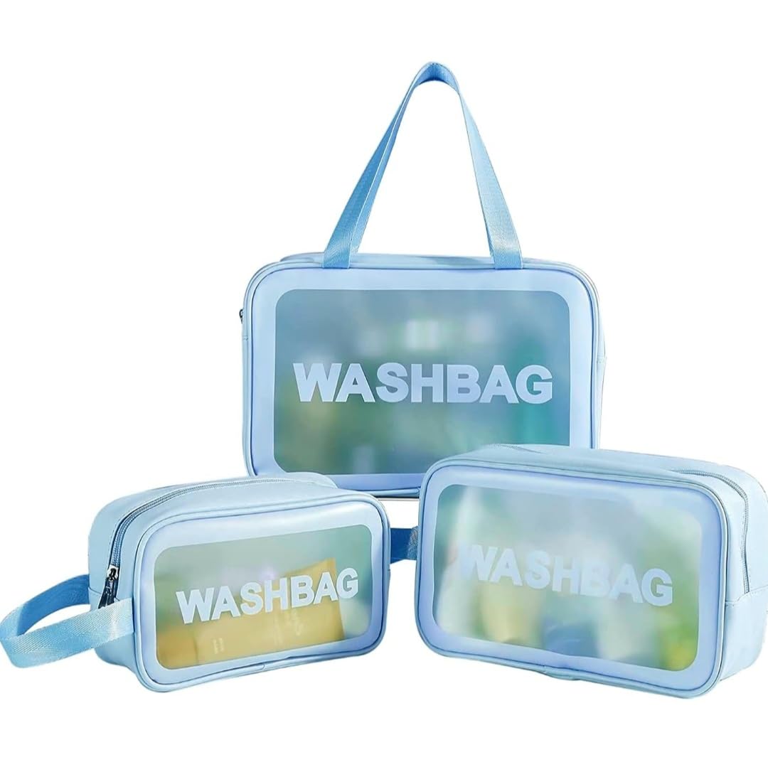 PVC Transparent Makeup Bag Set of 3, Travel Toiletry Organizer Pouches for Women, Portable Cosmetic Storage Case, Waterproof Wash Bag Kit for Bathroom & Travel Blue-image-38