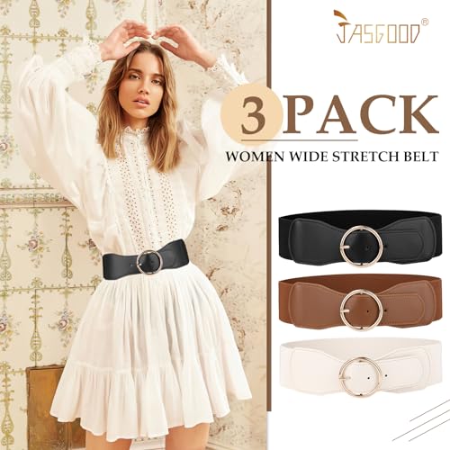 JASGOOD 3 Pack Women Wide Elastic Waist Belt for Dress Ladies Stretch Belt with Gold Round Buckle2
