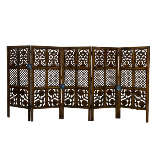 Image of Wooden Room Partition Screen with Burnt Wood Finish | Hand Buffed Traditional Handicraft Room Divider | Indoor Room Separator | Puja Room Divider (5 Panel 4 Feet)