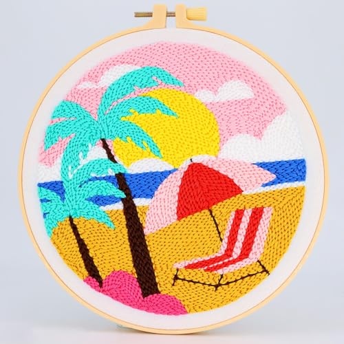 Image of ILYUFO Punch Needle Kits Adults Beginner DIY Dreamy Beach Style 8 in Hoop Embroidery Set Starter Punch Needle Tool for Art Crafts, Ideal for All Ages, Perfect Festival Decoration & Gift (Dream Beach)