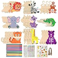 BRTNUP 70 Pieces Animal Wooden Craft Shapes Set Kit, Paint Crafts for Kids Animal Wood Kids Craft Set with 12 Watercolor Pens 27 Strings 2 Stickers 2 Rhinestones Creative DIY Arts and Crafts for Kid