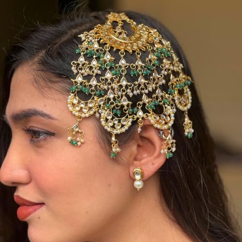 Image of Green Kundan Golden Passa /Paasa /Jhumar /Jhoomar Traditional /Ethnic /Wedding /Nikaah /Hair Jewellery /Hair Accessory for Girls /Women PK-5238