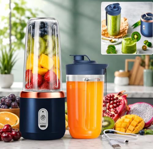 Image of Portable Blender Electric Juicer USB Rechargeable Fruit Mixers Mini Personal Smoothie Maker 6 Blades 3 Gears Ideal for smoothies, protein shakes, fresh juices, sauces -1500mAh Battery (BLUE-N)
