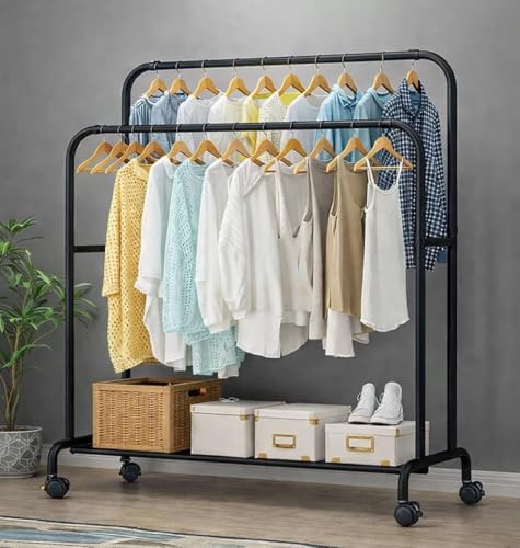 Image of Single Pole Coat Hanger /Cloth Stand /Garment Stand with Bottom Shelves - Metal Garment Rack for Organized Storage 8 Hook (Multi) (Black)