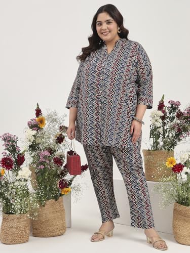 Image of Tissu Women's Plus Size Pure Cotton Grey Floral Tunic with Palazzo Co-ords