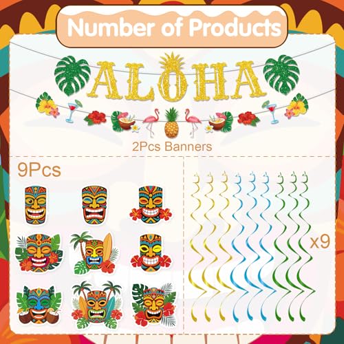 Image of Gameza Hawaiian Aloha Party Decorations, 11PCS Hawaiian Tropical Luau Glitter Banners with Hanging Swirls Decoration, Flamingo Pineapple Summer Decor Supplies