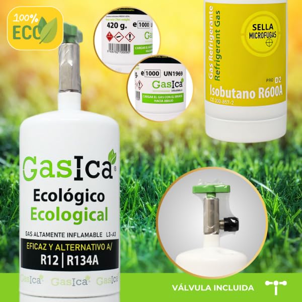 2x Envases GASICA PRO D2 - Gas Refrigerante Ecológico Orgánico - Equivalente 900g (R134A y R12) Apto para carga A/C Autos y hogar.