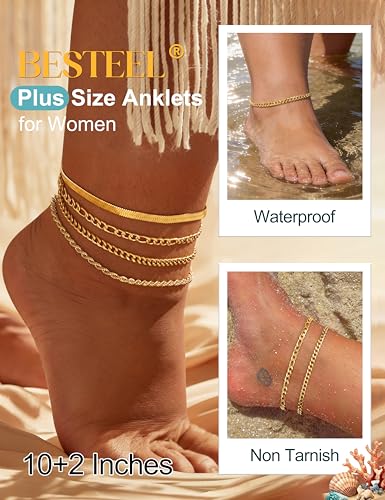 Image of Besteel Ankle Bracelets for Women Waterproof - 14K Gold Plated Non Tarnish Layered Cuban Link Chain Rope Figaro Herringbone Anklets Set Plus Size Anklet Summer Foot Jewelry Gift Adjustable 8-12 Inch