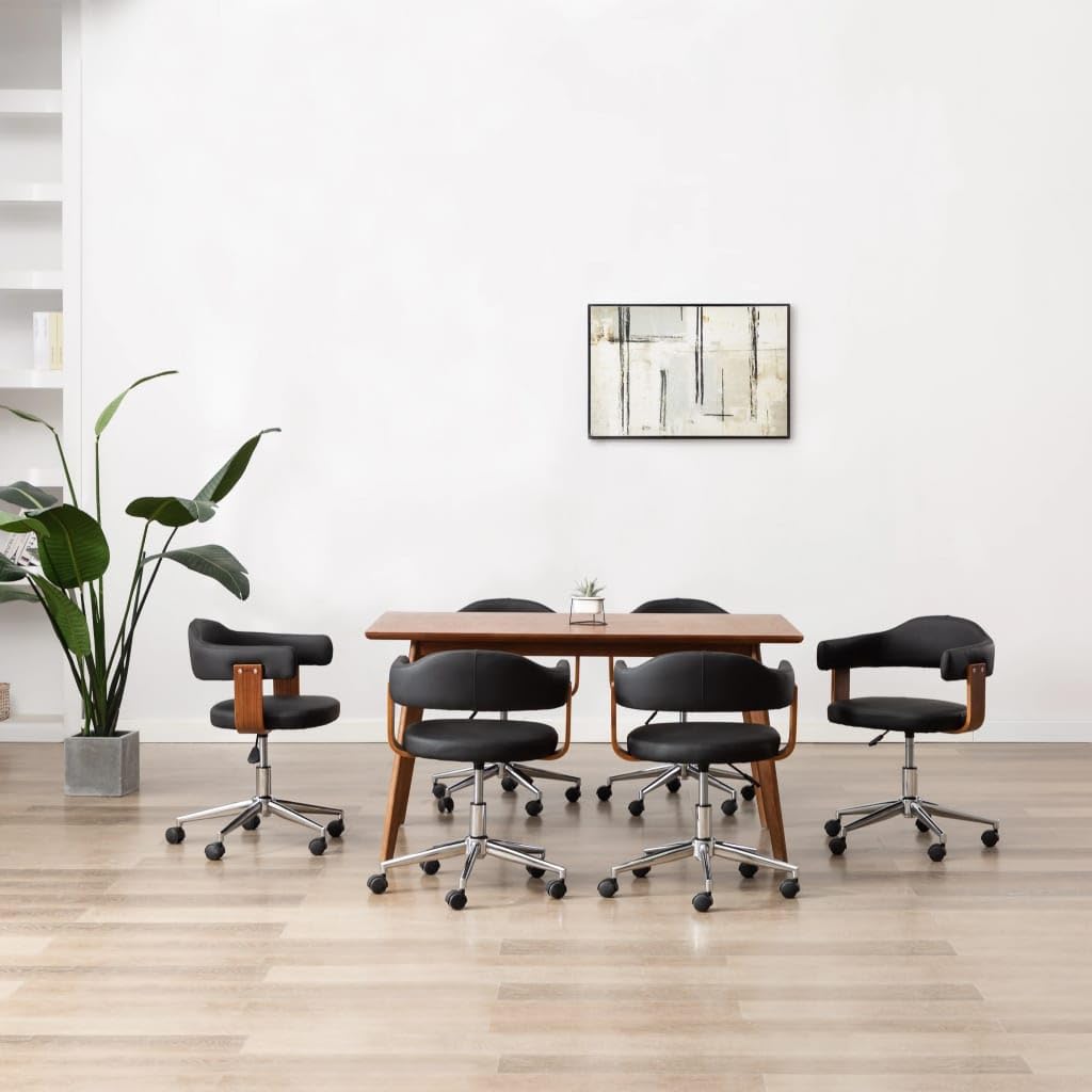 Juego de 6 sillas de comedor giratorias negras de piel sintética | Regulable en altura, rotación de 360 grados, marco de madera y acero, asiento ergonómico, carga máxima 110 kg