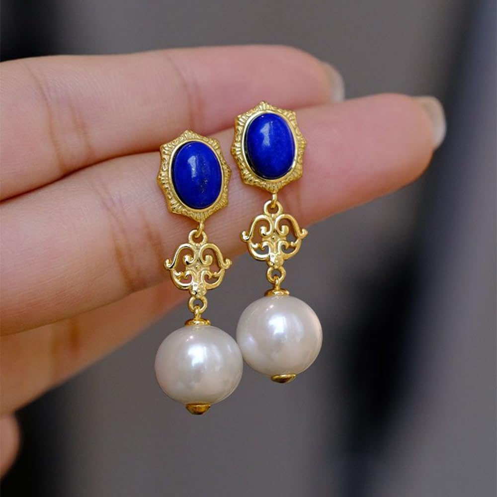 S925 Silver With Gold Plated Natural Lapis Lazuli Oval Pearl Earrings Jade for Women Yoga Genuine