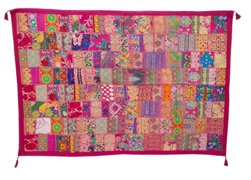Image of Ekam Art Rajasthani Handmade Embroidery Cotton Patchwork Tapestry Cotton Wall Decor Hanging Beaded Tapestries 40 x 60 Inch (Pink)