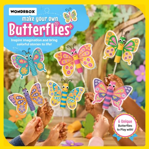 Image of WONDRBOX Butterfly Making Craft Kit for Kids | DIY Arts and Crafts Kit for Girls & Boys Ages 5-12 Years Old | Includes 6 Butterfly Cutouts & 150+ Colorful Stickers | Creative Educational Learning Toy & Birthday Gift