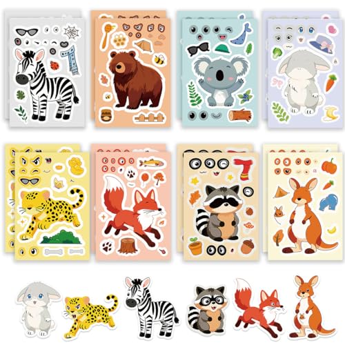 LEPZUR 16 Piezas Animales Pegatinas Infantiles Pegatinas Set Haz tus Propias Hojas de Adhesivos para Mezclar y Combinar Animales Detalles Cumpleaños Infantiles