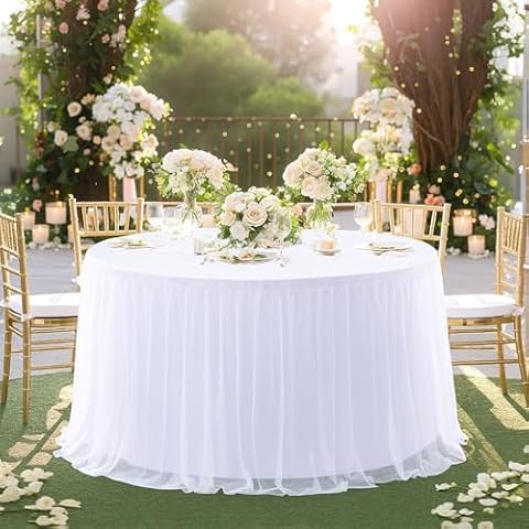 Tao-Ge White Tulle Round Table Cloth for 48 Inch Round Tables, White Banquet Tablecloth Table Cover, Floor Length Tablecloths, Circle Tutu Tulle Table Cloths Table Skirt for Wedding Table Decorations Cover