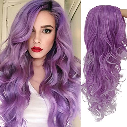 Beweig Long Curly Wavy Purple Wig for Women Side Part Colorful Wig Cosplay