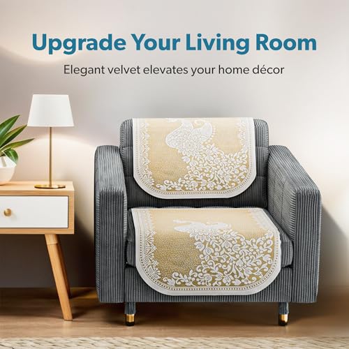 Image of Kuber Industries (Set of 6) Stylish & Durable Cotton Sofa Covers 2+1 Seater | Washable Sofa Protector /Mat & Slipcover for Living Room & Office | Peocock Design - Cream