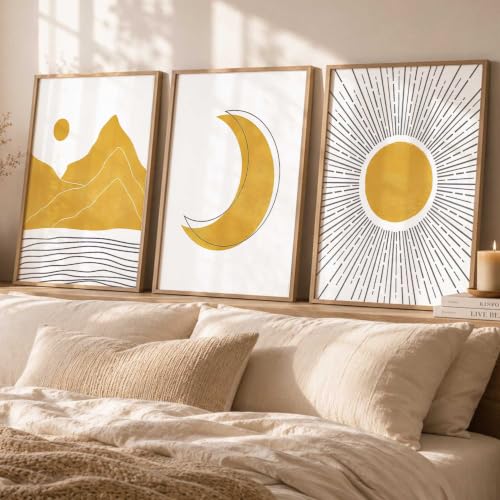 Image of kotart Home Decor Boho Painting Decorative Wall Art | Aesthetic poster With Frame For Living Room Bed Room Hotel Wall Decor Digital Reprint Set of 3 (35x37 Inch)