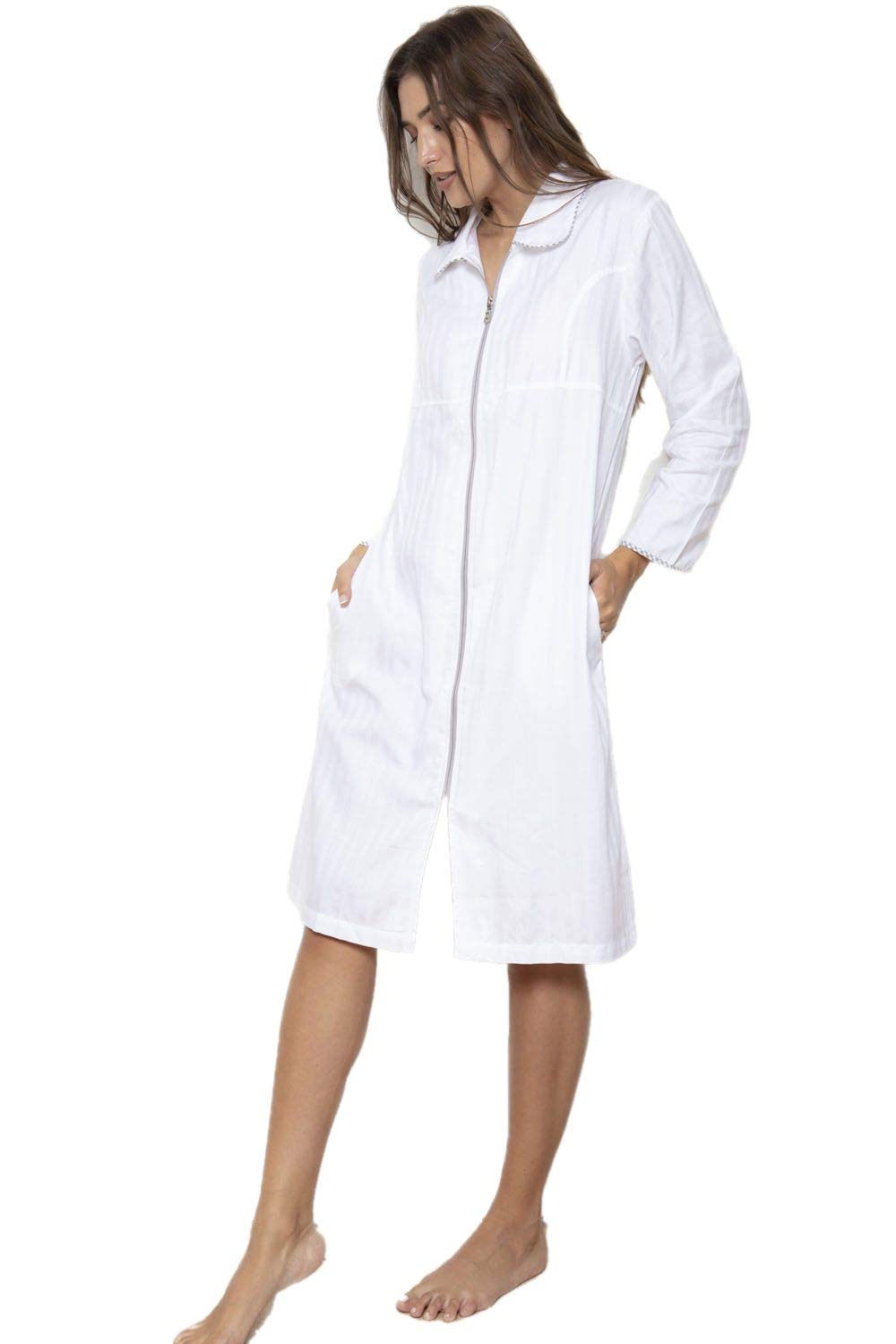 Ladies White Cotton Housecoat Nightdress Robe Dressing Gown ZIP Through Superfine Shadow Stripe 100% Cotton (Large)