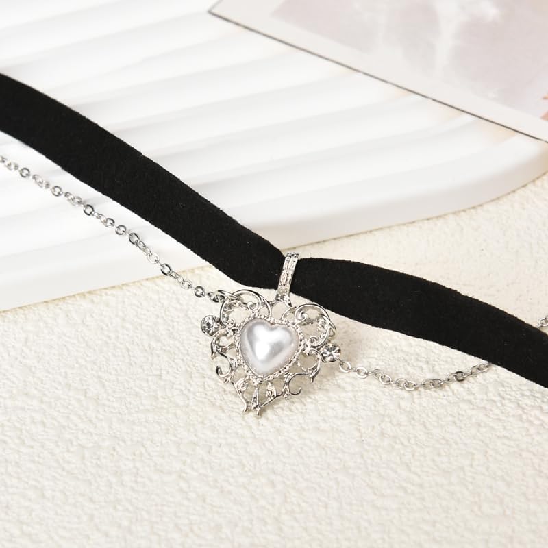 Layered Heart Velvet Choker Necklace Black Silver Goth Heart Pendant Necklaces Elegant Lolita Pearl Heart Choker Necklace Gothic Halloween Costume Outfits Accessories for Women - Image 4