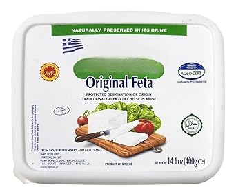 Original PDO Feta Cheese, is an original Greek feta cheese naturally preserved in brine. The cheese is made from pasteurized sheep and goat milk. Product of Greece. [ 14.1 oz, 0.88 lb ]