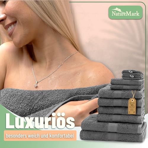 Foto von GREEN MARK Textilien 10 TLG. FROTTIER Handtuch-Set mit verschiedenen Größen 4X Handtücher, 2X Duschtücher, 2X Gästetücher, 2X Waschhandschuhe | Farbe: Anthrazit grau | Premium Qualität
